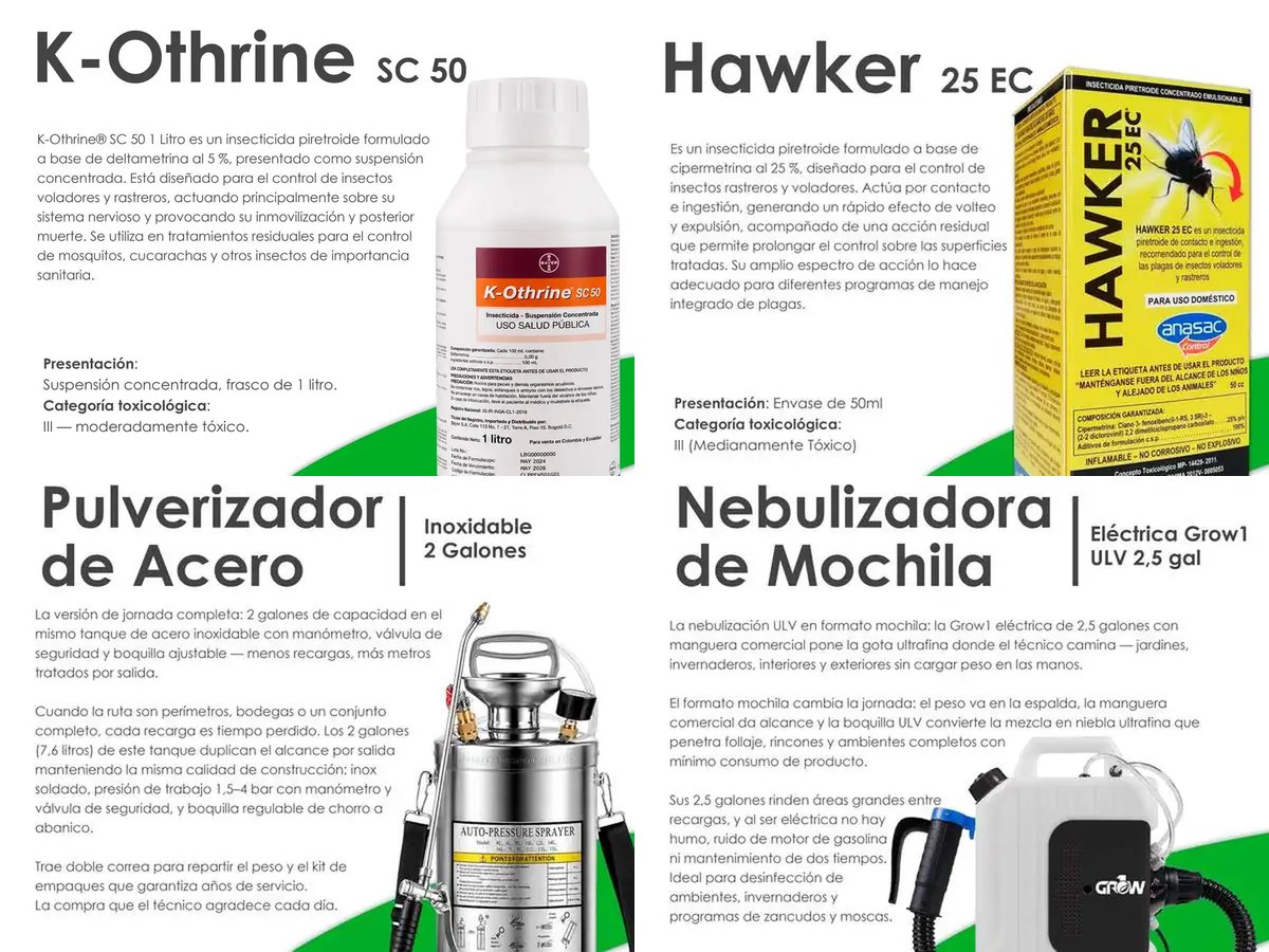 Fichas de productos de la distribuidora de FumiCenter: insecticidas K-Othrine SC 50 y Hawker 25 EC, pulverizador de acero inoxidable y nebulizadora de mochila