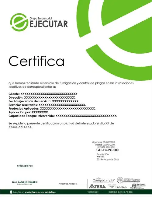 Certificado de control de plagas — FumiCenter, Santa Marta