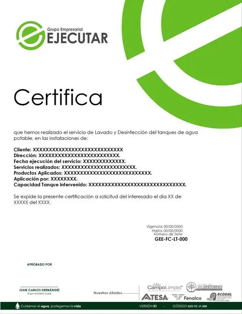 Certificado de lavado de tanques — FumiCenter, Santa Marta