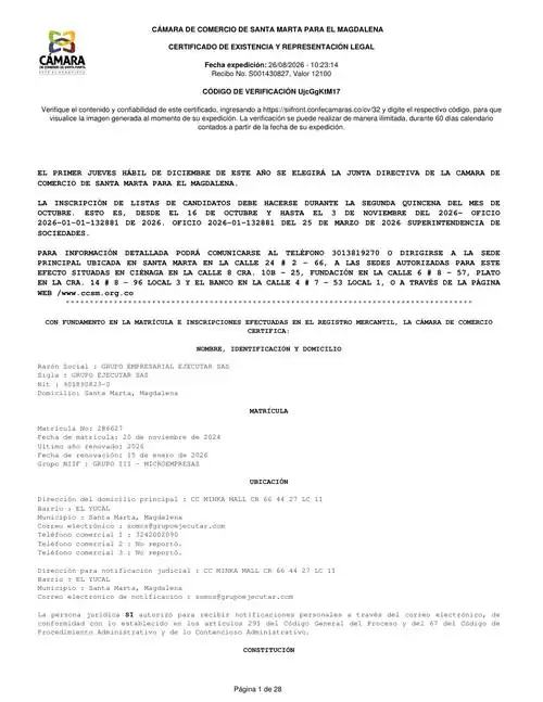 Certificado de existencia y representación legal — FumiCenter, Santa Marta