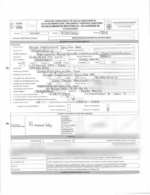 Concepto sanitario favorable: fumigación — FumiCenter, Santa Marta
