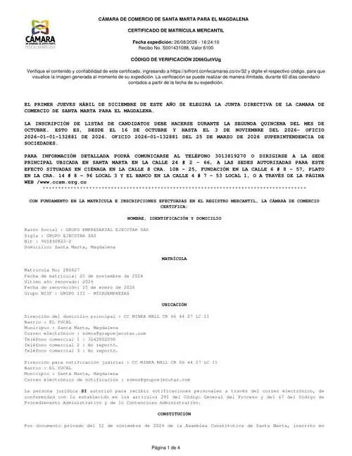 Matrícula mercantil No. 286627 — FumiCenter, Santa Marta