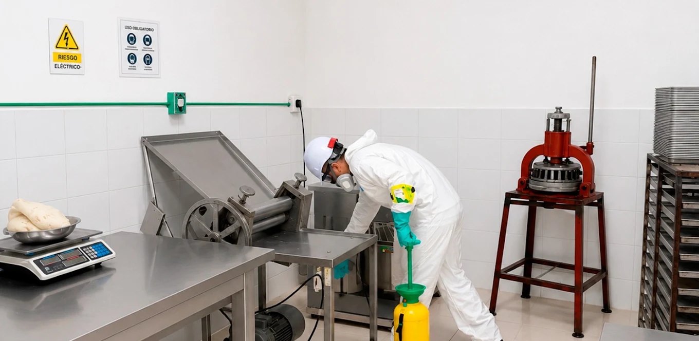 Técnico con traje, casco y respirador aplicando tratamiento junto a equipos de acero inoxidable en una planta de alimentos
